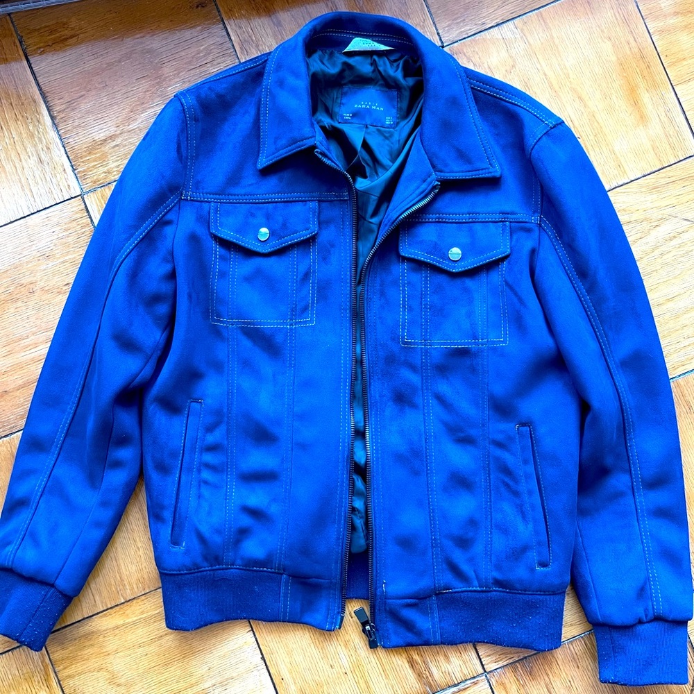 Zara Men Blue Suede Bomber Jacket